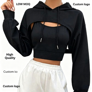 Custom Low MOQ Logo Streetwear Ribbed Crop Top Set and Two Piece Set Shrug Cropped Hoodie Trendy Y2K Tracksuit Women - Product Image 3