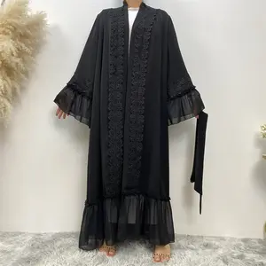 Black Floral embroidery Lacing Muslim Cardigan Robe dubai dress burqa abaya for women