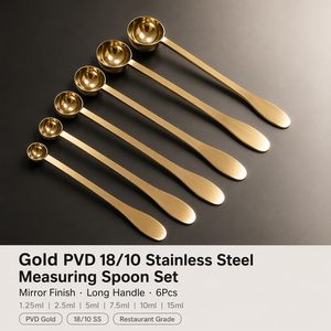 Gold PVD 18/10 Stainless Steel Mirror Finish Long Handle Measuring Spoon Set 6Pcs 1.25ml-15ml Restaurant Kitchen - Product Image 1