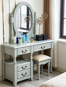 Elegant Turned Leg <b>Solid</b> <b>Wood</b> Vanity Set, 3 Drawer Oval Mirror Makeup <b>Dressing</b> <b>Table</b> With Cushioned Stool For Farmhouse Bedroom - Product Image 5