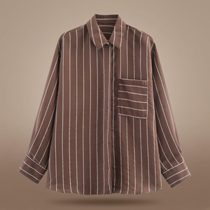 Camisa de satén a rayas marrones para mujer, de manga larga, con cuello y bolsillo, estilo casual, holgada, de manga completa - Product Image 4