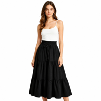 Jupe mi-longue évasée à taille haute élastique avec cordon de serrage, style européen et américain, élégante et fluide, à manches courtes.