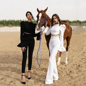 C2614 Set Estivo Casual da <span class=keywords><strong>Donna</strong></span> in Due Pezzi, Bianco e Nero, con Maniche a Campana, Lacci e Dettagli Traforati, Slim Fit, Eco-Friendly - Product Image 1