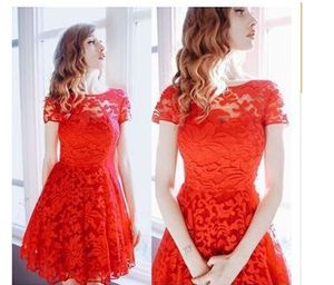 กระโปรงมิดิทรงเอ็มไพร์แต่งลูกไม้สีน้ำเงิน แขนสั้น คอวี ดีไซน์หรูหราทันสมัย สไตล์ยุโรปอเมริกัน ป้องกันไฟฟ้าสถิตย์ รุ่นวินเทจ ขายดี - Product Image 3