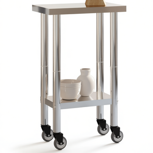Table de travail pour cuisine commerciale 21,7x11,8x33,5 en acier inoxydable avec roulettes, finition polie, autoportante - Product Image 1