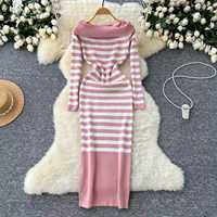 Robe décontractée printemps-automne pour femme, style chic, épaules dénudées, manches longues, rayures contrastées, robe en tricot élégante pour femme
