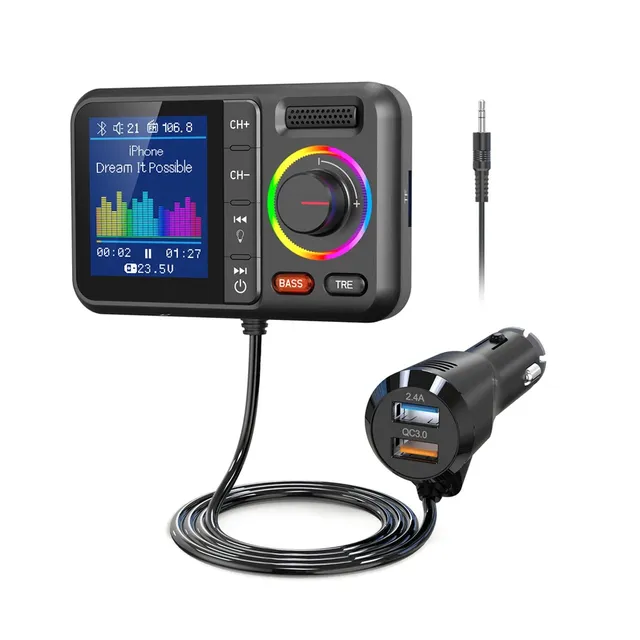 Dual USB Fast Charging 2.4A QC3.0 Wireless FM Transmitter Hands-Free Car AUX Adapter MP3 Music Player Night Vision Color Screen
