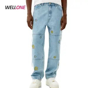 New Collection Special Custom 100% Cotton Light Blue Washed Logo Embroidery Baggy Jeans Mens Jeans Denim