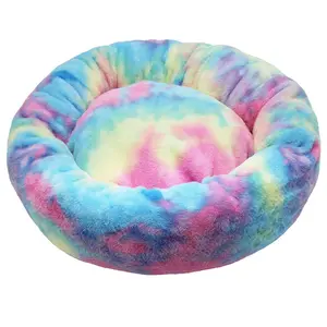 Wholesale Rainbow Tie Dye Soft Fluffy Warm And Cozy Anti Anxiety Cuddler Joint Relief Washable Donut Calming Round Dog Bed