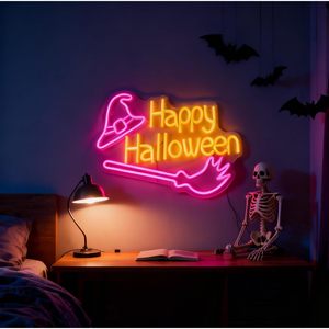 Happy Halloween neon light wizard hat broom LED indoor decoration party street atmosphere light indicator shop <b>sign</b> customizable - Product Image 5