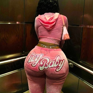 Custom <b>Zip</b> <b>up</b> <b>Crop</b> Women Hoodie Sweat Suit Rhinestone Logo Casual Jogger Two Piece Velvet Tracksuits for Women - Product Image 3