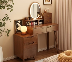 Coiffeuse en bois avec miroir LED et armoire de rangement extensible pour chambre à coucher et usage domestique - Product Image 1