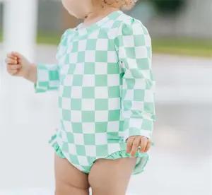 1 Pcs Custom Label checkerboard cotton Summer Baby Infant Clothes Toddler Girls Swimwear
