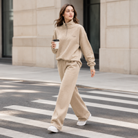 Conjunto de dos piezas para mujer: Sudadera de algodón polar color avena con cremallera de un cuarto y pantalón de chándal casual de cintura alta y pierna ancha.