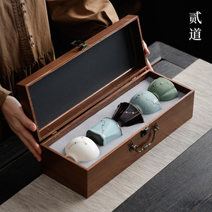 Five Famous Kilns Ceramic Tea <b>Cup</b> <b>Set</b> With Gift Box Traditional Chinese Style Gold Plated Small <b>Cups</b> For Presents - Product Image 1