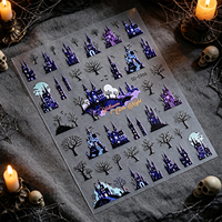 Autocollants 5D Halloween pour ongles, motif château violet, chauve-souris, lune, arbre, décorations auto-adhésives pour manucure gothique étoilée