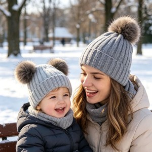 Cappelli Invernali in Maglia con Pompon Effetto Visone per Genitore-Figlio, Stile Famiglia, per Adulti e Bambini - Product Image 1