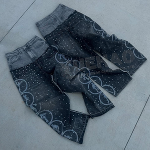 Quần Jean Nam Denim Xước Phong Cách Vintage, Cạp Cao Đôi, Ống Suông, In Họa Tiết Đá, Đính Đá Pha Lê - Product Image 3