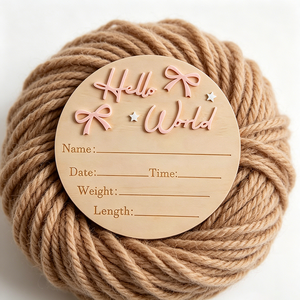 Targa di Annuncio Nascita 'Hello World' in Legno, Lettere 3D, Design con Fiocchi e Stelle, Accessorio per Foto Neonato - Product Image 5