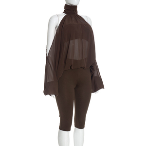 Viviblook C26ST343 Ensemble haut à manches longues et pantalon court sans bretelles pour femme, couleur unie, col rond, épaules dénudées - Product Image 2