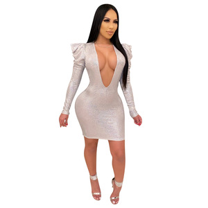 <span class=keywords><strong>Abito</strong></span> Aderente Sexy da Discoteca con Scollo Profondo a V, Elegante Vestito con Paillettes per Feste e Serate di Gala - Product Image 3