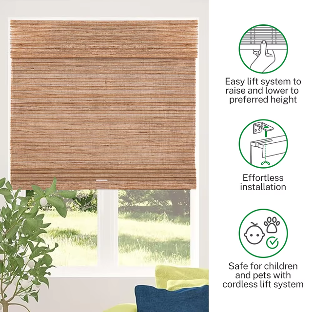 Because Win Custom Light Filtering Bamboo Blinds Cordless Roll Up Window Shades with Valance for Indoor Windows
