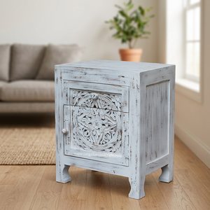 Table de chevet moderne en bois massif sculpté à la main, finition blanchie, avec 1 tiroir et 1 porte, durable, pour salon, Jangid Art - Product Image 6