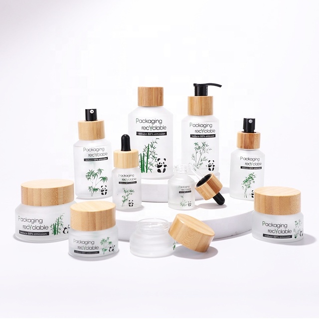 Color Glass Bottle Sets Wooden Lid Cosmetic Spray Bottle White with Bamboo Size 15ml30ml50ml60ml100ml Screen Printing Screw Cap