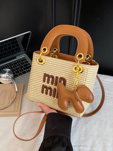 Luxury Designer Inspired <b>Straw</b> Mini Tote <b>Bag</b> Women With Embroidery Lettering Crossbody - Product Image 2