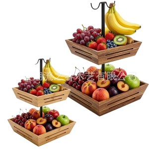 New acacia wood double-layer fruit basket with iron bracket, banana hook, fruit <b>plate</b>, and kitchen fruit storage <b>rack</b> - Product Image 1