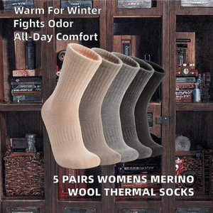 5 Pairs Womens Merino <b>Wool</b> Casual <b>Socks</b> Winter Crew Cozy Solid Pattern Boot Work Anti-Bacterial - Product Image 2