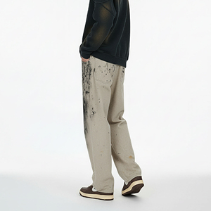 Jeans en denim droit pour <span class=keywords><strong>homme</strong></span>, taille mi-haute, style streetwear, peint à la main avec des éclaboussures d'encre, <span class=keywords><strong>beige</strong></span>, délavé, décontracté, automne, pantalon délavé - Product Image 2