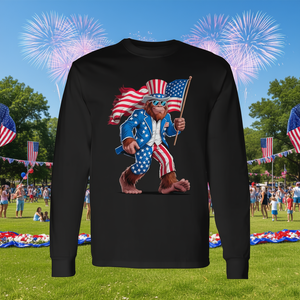T-shirt a maniche lunghe con bandiera USA patriottica del 4 luglio Bigfoot Sasquatch - Product Image 3