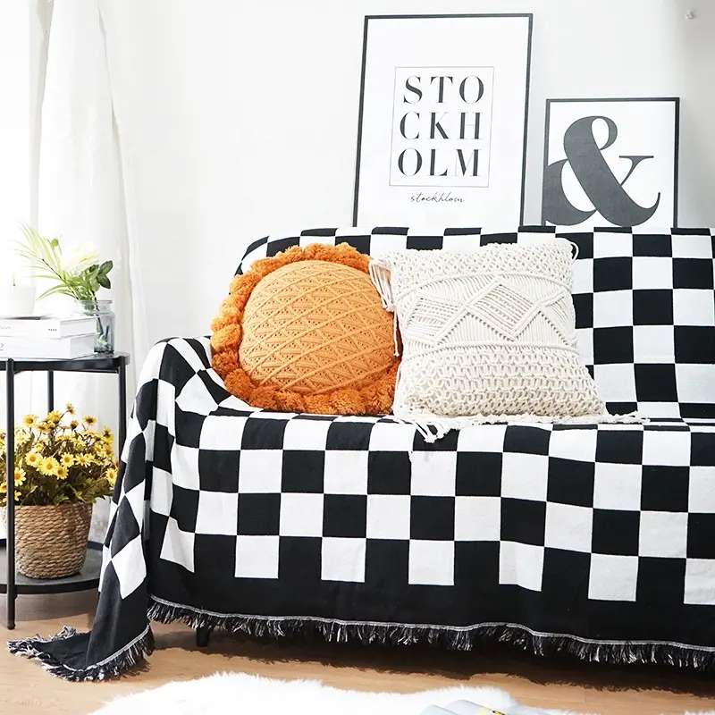 Wholesale Decorative Checked Bohemian Tapestry Knit Woven Blanket for Couch and Bed