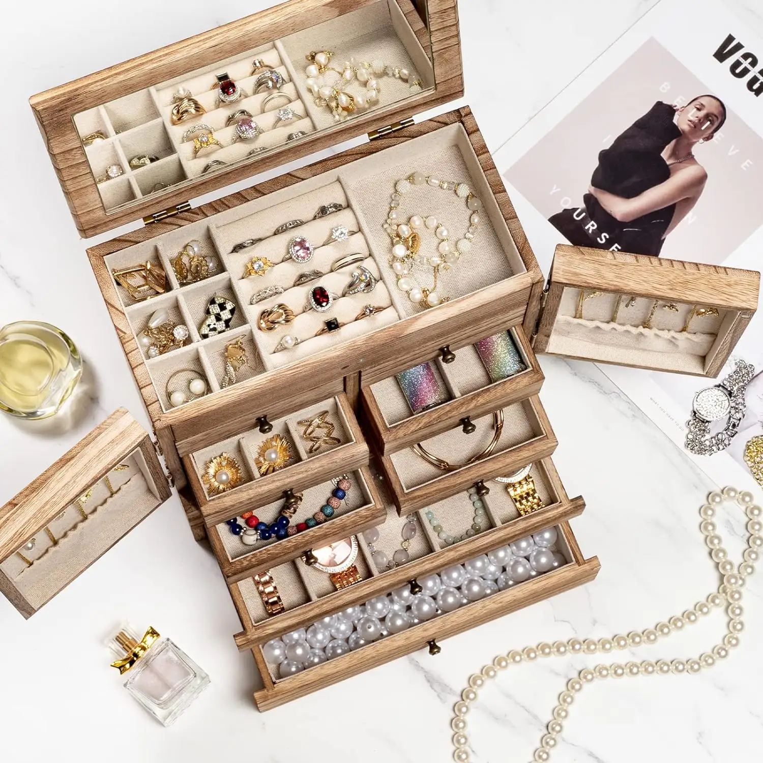 Sieradendoos Voor Vrouwen Houten Juwelendoosjes & Organisatoren 5-laags Rustieke Nieuwste Grote Sieraden Organizer Doos