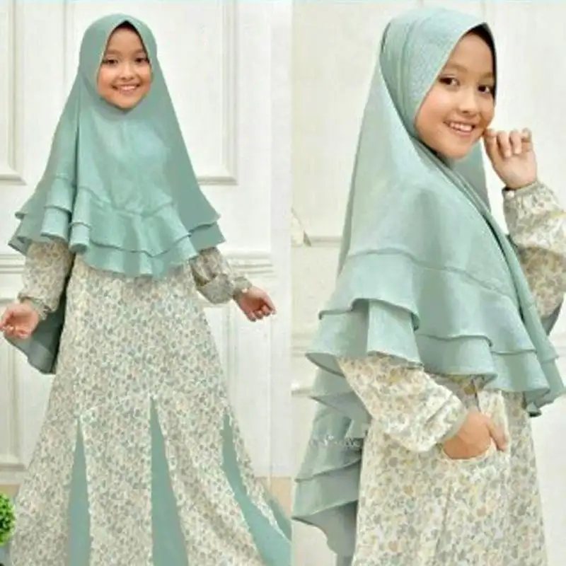 Baju Muslim Anak Perempuan, Baju Lengan Panjang Dua Potong, Baju Gamis Muslim Bercetak Jilbab