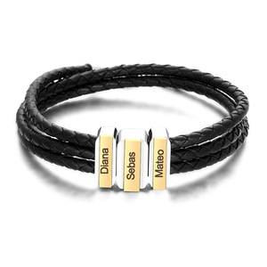 Pulsera de Cuero Trenzado con Dije Liso Grabable de Acero Inoxidable |   Logotipo en blanco o personalizado disponible |   Regalo del Día del Padre - Product Image 1