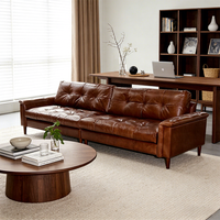 Canapé Chesterfield européen trois places en cuir véritable marron de haute qualité, style antique de luxe pour salon et appartement