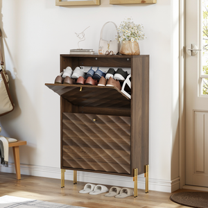 Meuble à chaussures en noyer de 23,6 pouces, style Mid-Century Modern, autoportant, avec pieds en métal, idéal pour le rangement dans l'entrée - Product Image 3