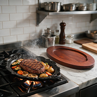 Piring Sizzler Oval Enamel Cast Iron 19/24cm dengan Alas Kayu, Motif Bunga, Aman untuk Kompor, Cocok untuk Restoran & Rumah, OEM Custom