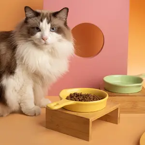 Vente en gros de bol en céramique pour animaux de compagnie avec support en bois Mignon plat de nourriture surélevé pour chat en forme de casserole pas menton noir