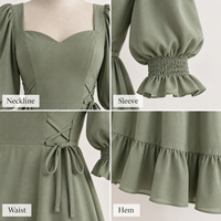 Robe midi personnalisée pour femme, légère, en tissu, col cœur, manches bouffantes, poignets froncés, liens latéraux, ourlet à volants, coupe trapèze
