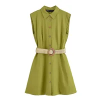 Robe d'été courte pour femme, verte unie, col rabattu, boutonnée sur le devant, sans manches, style vintage décontracté, tenue tissée