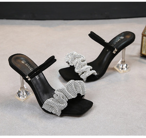 Sandales pour femmes, deux modes de portage, 34-46, talon à paillettes et strass, mules d'été à bout carré - Product Image 5