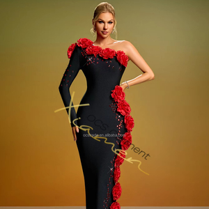 Vestido de Noche Largo Negro con Flores 3D, Un Hombro Descubierto, Satinado y Fruncido, Estilo Línea A, para Mujer - Product Image 1