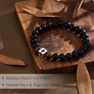 Pulsera de Cuentas de Ojo de Tigre Negro Esmerilado con Colgante de Cruz de Acero Inoxidable, Cordón Elástico, Joyería Unisex para Regalo - Product Image 4