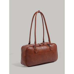 Bolso Boston Retro de Cuero Sintético Marrón con Parches, Gran Capacidad, Cierre de Cremallera, Bolso de Mano para Uso Diario, Forro de Algodón, para Mujer, Otoño - Product Image 1