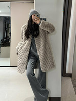 Manteau de luxe en fausse fourrure pour femme, mi-long, motif chevrons, chaud et doux, en peluche, gris uni, beige, en fourrure de vison artificielle, vêtement d'extérieur