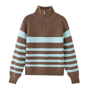 Pull tricoté décontracté pour femme à col montant zippé rayé, manches longues, 100 % acrylique, anti-boulochage, idéal pour l'automne - Product Image 2