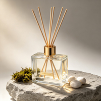 Bouteille en verre carrée plate transparente de 100 ml pour diffuseur à bâtonnets, avec col en aluminium doré, pour la décoration intérieure américaine - Vente en gros